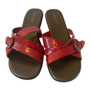 Cabin Creek Red Slip-On Rubber Sole Wedges w/Adjustable Strap & Pewter Buckle